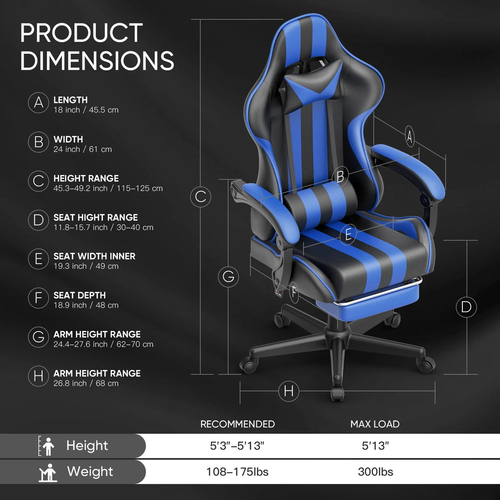 Gaming Chair with Footrest, High Back Game Gamer Chair for Adult, Ergonomic Office Chair with Massage Lumbar Pillow, Computer Chair Height Adjustable with Swivel, Blue