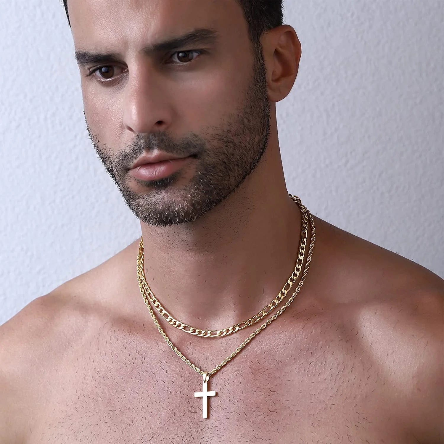 Layered Gold Cross Necklaces for Men Boys Stainless Steel Figaro Twist Rope Pendant Chain Set Religious Christian Birthday First Communion Graduation Fathers Day Jewelry Gifts Teen Dad Him Kids