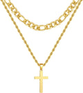 Layered Gold Cross Necklaces for Men Boys Stainless Steel Figaro Twist Rope Pendant Chain Set Religious Christian Birthday First Communion Graduation Fathers Day Jewelry Gifts Teen Dad Him Kids