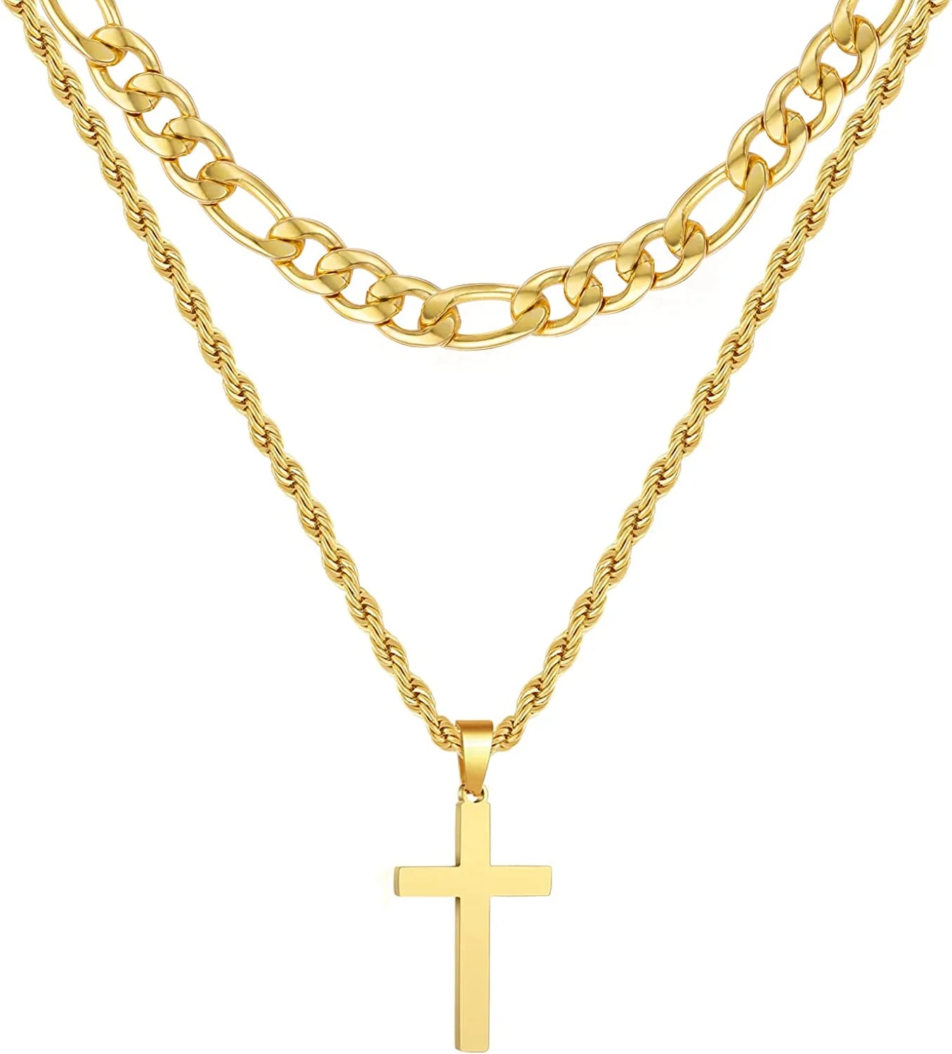 Layered Gold Cross Necklaces for Men Boys Stainless Steel Figaro Twist Rope Pendant Chain Set Religious Christian Birthday First Communion Graduation Fathers Day Jewelry Gifts Teen Dad Him Kids