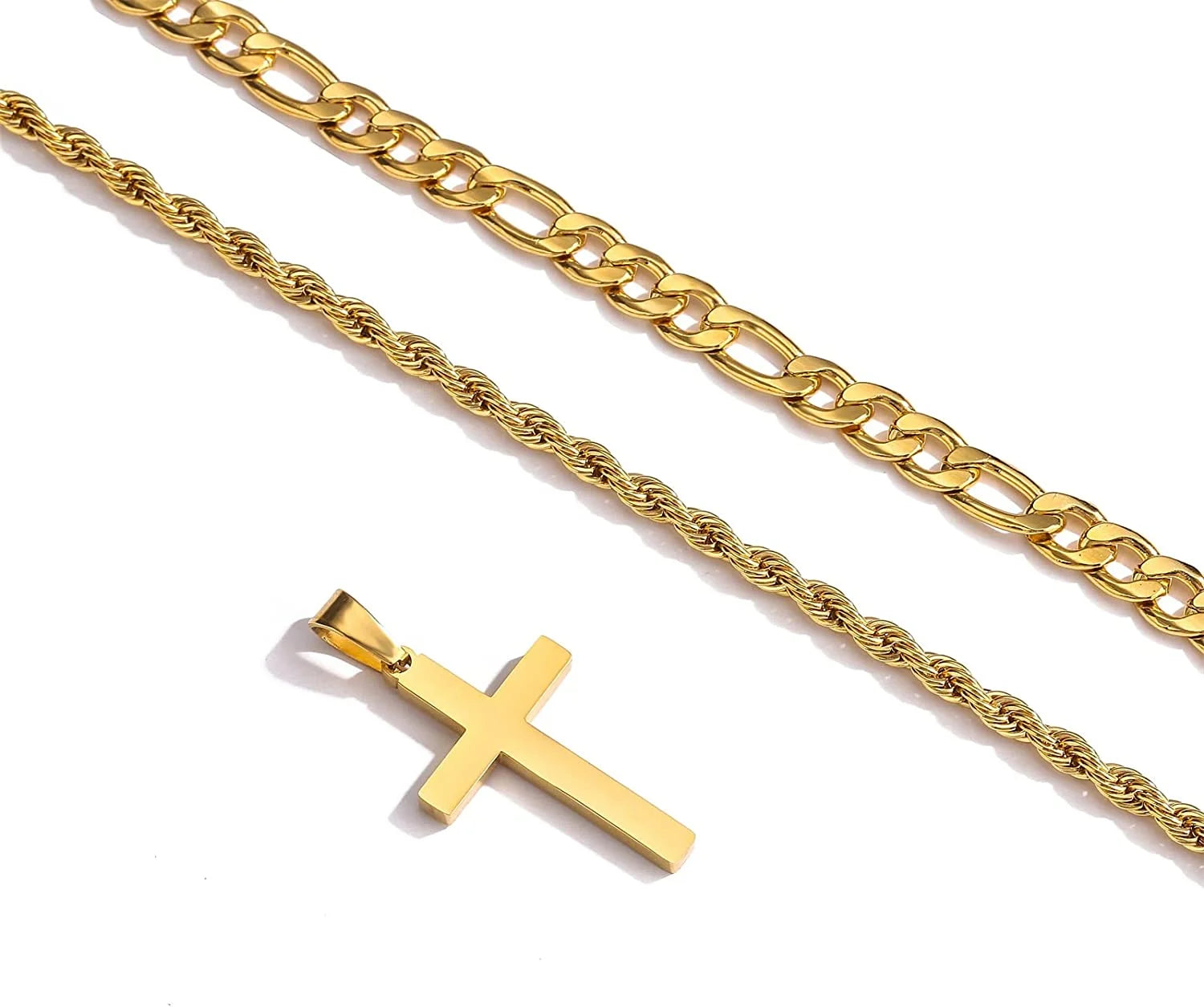 Layered Gold Cross Necklaces for Men Boys Stainless Steel Figaro Twist Rope Pendant Chain Set Religious Christian Birthday First Communion Graduation Fathers Day Jewelry Gifts Teen Dad Him Kids