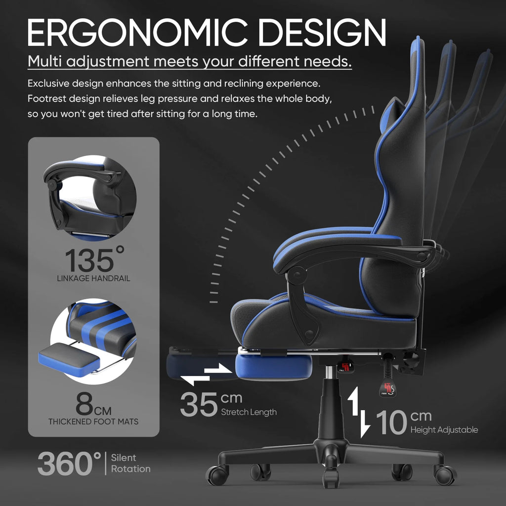Gaming Chair with Footrest, High Back Game Gamer Chair for Adult, Ergonomic Office Chair with Massage Lumbar Pillow, Computer Chair Height Adjustable with Swivel, Blue
