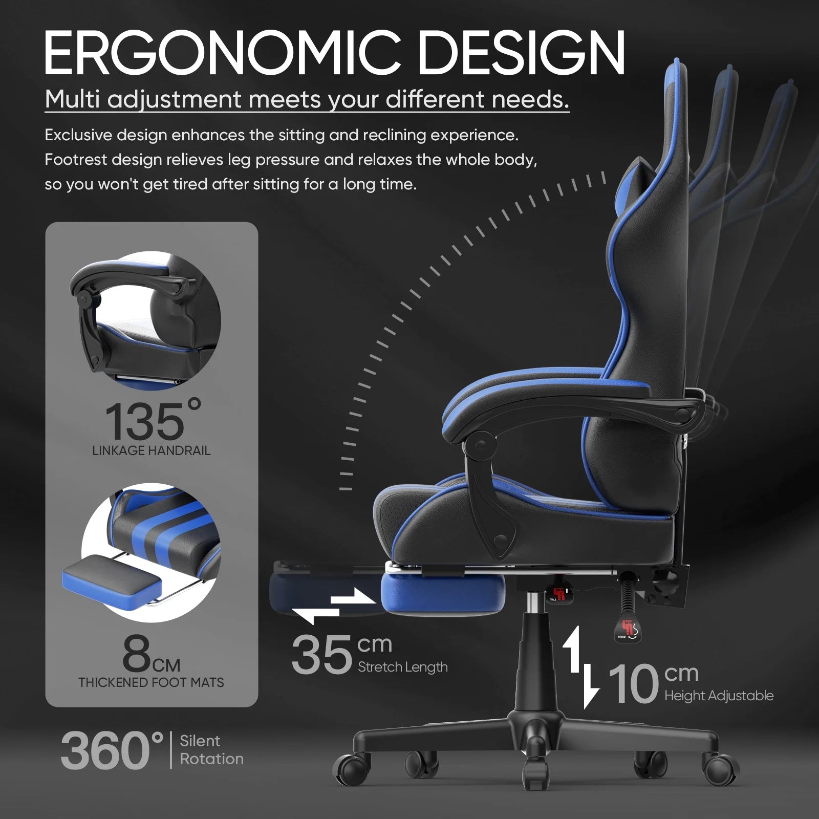 Gaming Chair with Footrest, High Back Game Gamer Chair for Adult, Ergonomic Office Chair with Massage Lumbar Pillow, Computer Chair Height Adjustable with Swivel, Blue