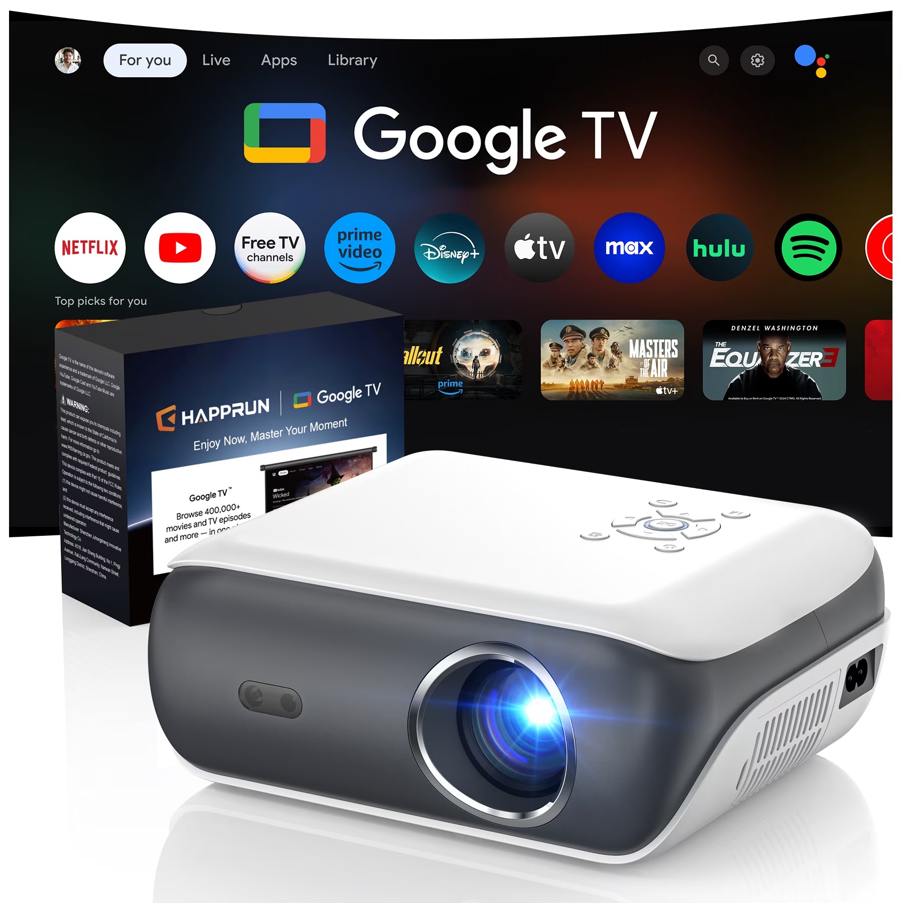Official Licensed Google TV Projector, 4K Smart Projector with Wifi & Bluetooth, Outdoor Movie Projector with Dolby Sound, Built-In Streaming Apps, Compatible with Game Consoles & Smartphones