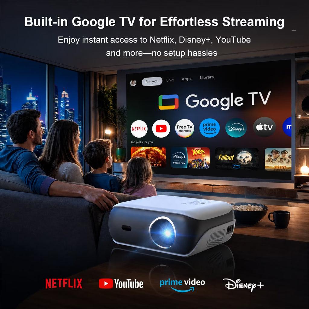 Official Licensed Google TV Projector, 4K Smart Projector with Wifi & Bluetooth, Outdoor Movie Projector with Dolby Sound, Built-In Streaming Apps, Compatible with Game Consoles & Smartphones