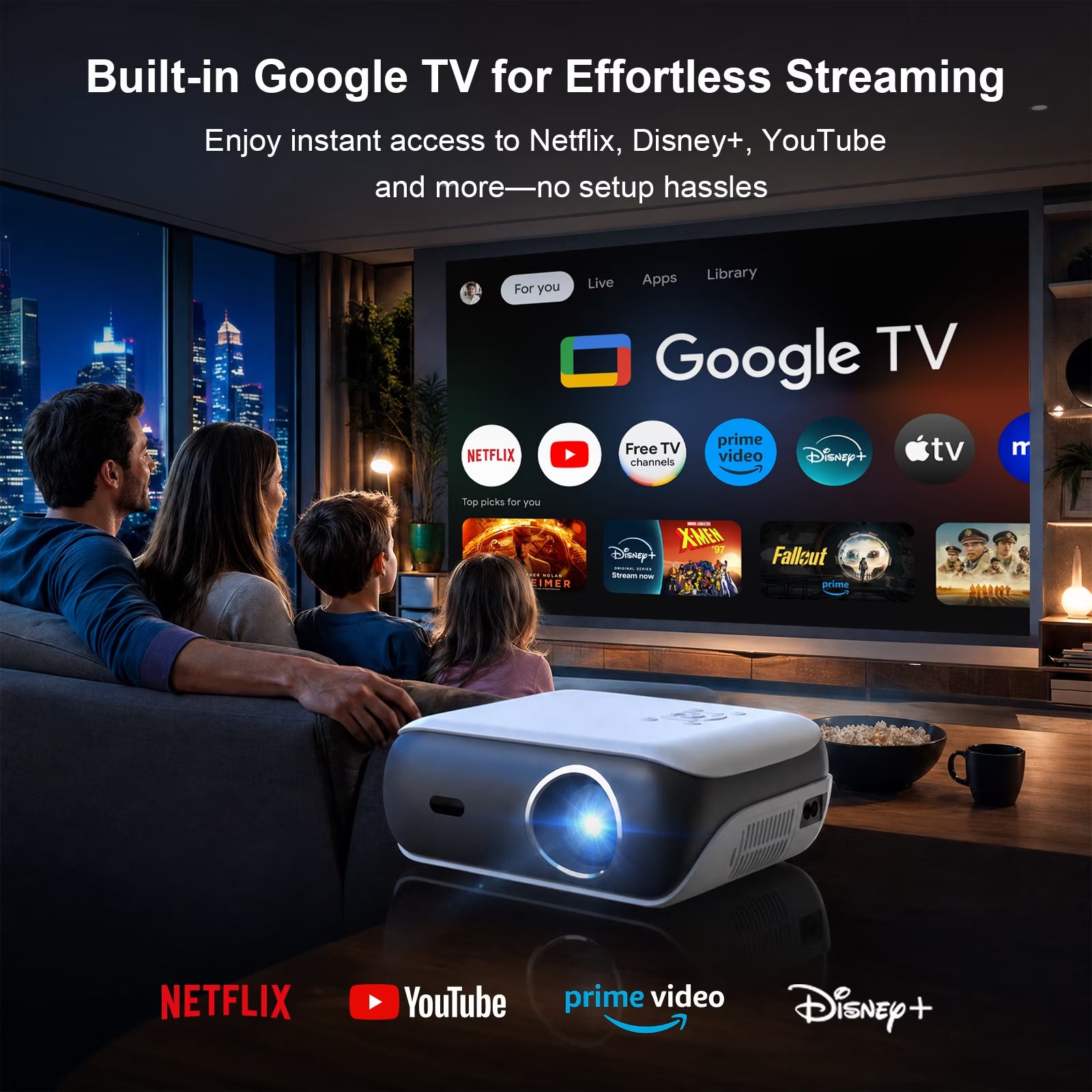 Official Licensed Google TV Projector, 4K Smart Projector with Wifi & Bluetooth, Outdoor Movie Projector with Dolby Sound, Built-In Streaming Apps, Compatible with Game Consoles & Smartphones